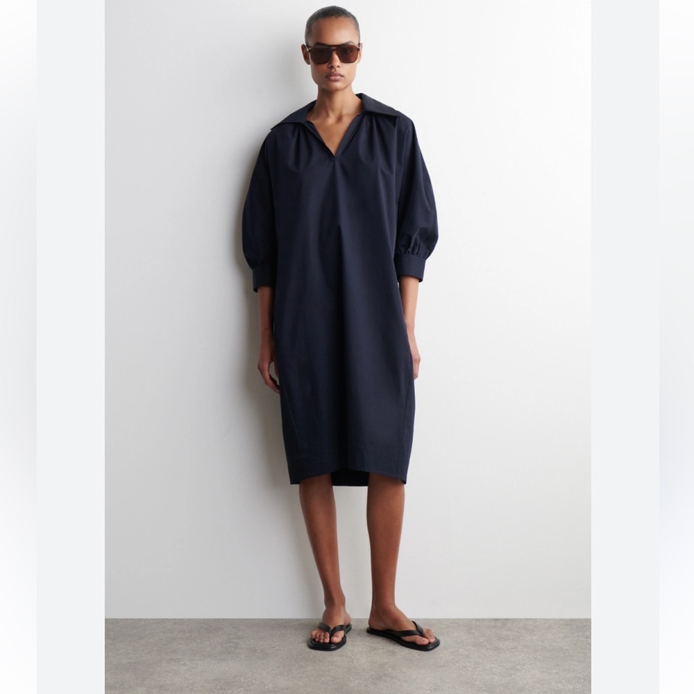 NWOT COS Navy Oversized Long Sleeve Shirt Dress Cotton Puff Sleeves Pockets